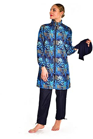 ABEUTY kvinnor blygsamma baddräkt full kostym plus size burkini islamisk modest tryck, Mörkblått, L