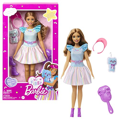 Barbie-Puppe, Meine erste braunem Haar, Accessoires, Schuhe, Bürste und mehr, Soft-Touch-Körper, 1 Puppe enthalten, Geschenk für Kinder ab 3 Jahren,HLL21