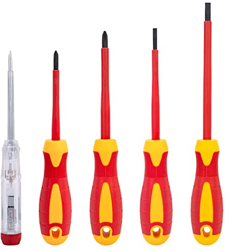 Lot de 5 tournevis isolés 1000 V CR-V à pointe magnétique pour électricien avec embouts cruciformes fendus et poignée TPR pour réparation à la maison et l'artisanat