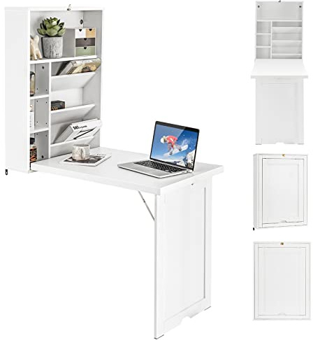 COSTWAY Scrivania Pieghevole da Parete, Tavolo Pieghevole a Muro con Divisorio a 3 Livelli e Ripiani Regolabili, Scrivania Salvaspazio per Cucina, Salotto e Studio, 60 x 94,5 x 151 cm (Bianco)