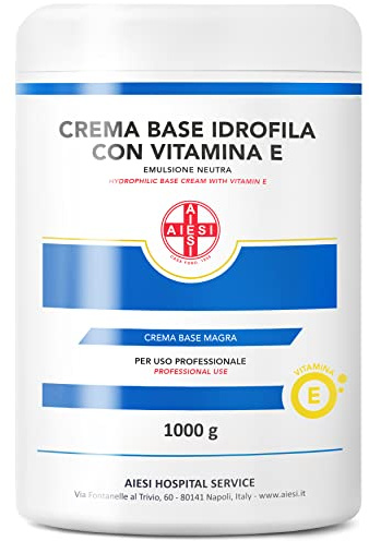 AIESI® Crema Base hidrófila con Vitamina E (1 kg), Crema hidratante reestructurante para rostro y cuerpo ideal para piel seca, Uso farmacéutico, cosmético y dermatológico, Made in Italy