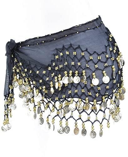 Damen Bauchtanz Gürtel, Bauchtanz Kostüm Hüfttuch Rock, Bauchtanzgürtel Münzgürtel Tanztuch mit 98 Münzen, Orientalischer Tanz Hüftschal, Chiffon, 1 Stück (Schwarz)