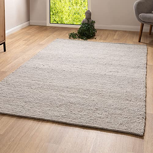 Steffensmeier Handwebteppich Leo | veredelte Schurwolle | Wohnzimmer | Fusselstopp | Grau Beige, handgewebt, Größe: 130x190 cm