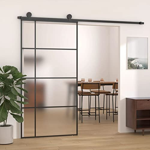 Festnight Sliding Door Frosted ESG Glass and Aluminium Barn Door Sliding Kit Single Wood Door Hardware Closet Track Kit, Black 102.5 x 205 cm