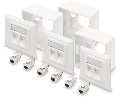 DIGITUS 2-Port Netzwerkdose – 3 Stück – Mit 6x Cat6A Keystone-Modul – Auslass 45° Gewinkelt – Mit Rahmen zur Aufputzmontage – Weiß