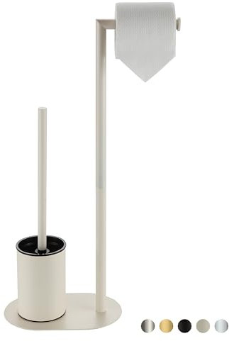 BVL Piantana Portarotolo e Scopino Bianco, Scopino WC con Porta Carta Igienica in Acciaio Inox, Porta Carta Igienica da Terra Scopino Bagno WC