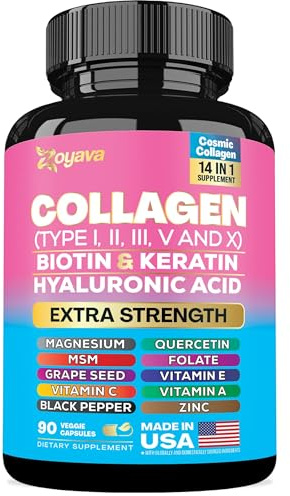 Zoyava Kollagen-Pillen Peptide Typen I, II, III, V & X MCG Biotin Keratin Hyaluronsäure MSM Vitamin A Vitamin C Vitamin E Folsäure Zink Magnesium mit Traubenkern-Extrakt, Quercetin (90 Kapseln)