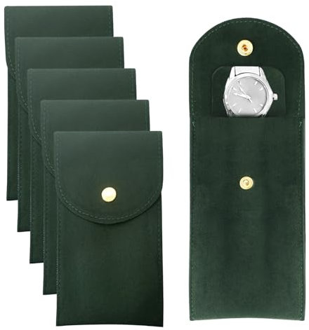 EUPSIIU 5 Pcs Watch Storage Pouch Portable Single Watch Travel Case Travel Watch Pouch Flannelette Fabric Watch Bag with Snap Button for Jewelry Watch Organizer Travel Outdoor (Dark Green)
