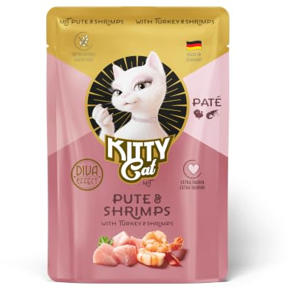 KITTY Cat Paté Tacchino & gamberetti, 6 x 85 g, cibo umido per gatti, senza cereali con taurina, olio di salmone e cozze verdi con alto contenuto di carne, prodotto in Germania