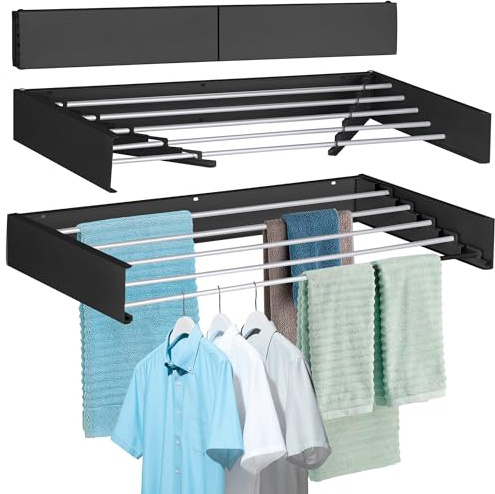 FOCHIER F Wäscheständer, Wandmontage, zusammenklappbar, mit 5 Aluminiumstangen und Bohrschablone, langer Schraubendreher-Bit, 27,2 kg Kapazität (Schwarz, 80 cm)