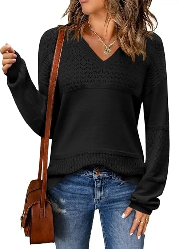 Zeagoo Jersey Mujer Invierno Manga Larga Elegante Suéter Otoño Cuello en V Pullover Sólido Sweater de Punto Hueco S-XXL