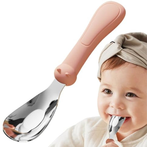 Babylöffel aus Metall, Babylöffel aus Edelstahl - Babylöffel der ersten Stufe mit Silikongriff,Lebensmittelutensilien zum Füttern, sicheres Entwöhnungszubehör, lernen, sich selbst zu essen