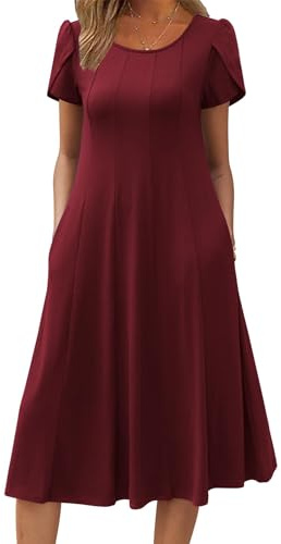 Zeagoo Womens Casual Summer Dresses Empire Waist Dress Womens Short Sleeve Dresses with Pockets Pleated Midi Dress, Burgundy,XL