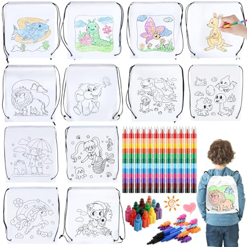 YeahBoom Stoffbeutel zum Bemalen - 12 Stück Set mit Wachsmalstiften in 12 Farben - DIY Graffiti Non-Woven