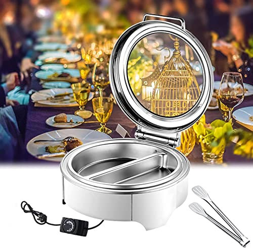 KUOYTT Chafing Dish in Acciaio Inox, scaldavivande Elettrico, Buffet, Chafing Dish con pinze per Alimenti e Due vassoi (Acciaio Inox/Ceramica) per Feste, Hotel, 1/2
