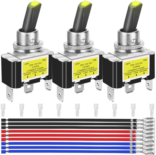 MKBKLLJY 3 Stück Hochleistungs-Kippschalter DC 12V 30A gelbe LED beleuchtetes Metall SPST EIN/AUS 2 Positionen 3-polig 12mm/0,5 Zoll Montageloch mit Anschlusskabelummantelung für Auto Wohnmobil Boot