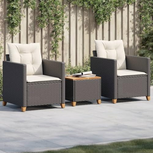 Xichuzi 3-TLG. Bistro-Set mit Kissen Schwarz Poly Rattan Akazienholz, Gartenset Tisch Und Stühle, Balkon Möbel Für Kleinen Balkon, Terrassenmöbel, Balkonset, Balkonmöbel, Möbelsets - 366309