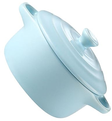 VOSAREA 230ml Double Handle Ceramic Stew Bowl with Lid Microwave Oven Compatible Light Blue for Home Kitchen Soups and Stews
