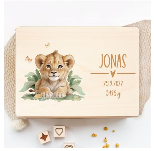 Little Deco Personalisierte Erinnerungsbox Baby Dschungel Löwe Holzkiste | M - 30 x 20 x 13 cm | Geschenk Geburt Taufe Babygeschenk Taufgeschenk Aufbewahrungskiste XHL1008-01