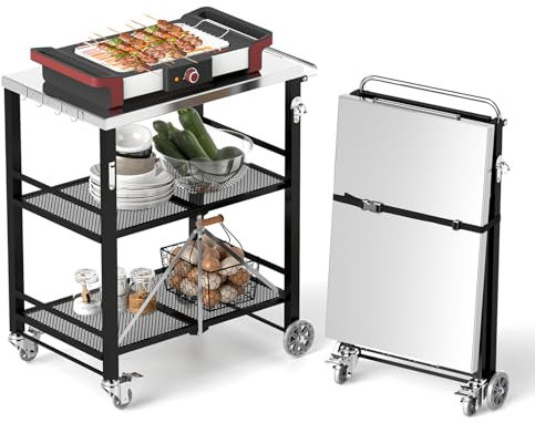 YORKING Foldable Outdoor Grill Cart, Stainless Steel 3 Tier Kitchen Cart with 2 Lock Wheels, Moveable BBQ Table Kitchen Island with Tool Hooks, Bottle Opener, for Home Party, Bar, Camping, Black