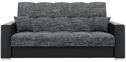 LIKMA Ausziehbar 3 Sitzer Sofa Evita Schwarz + Schwarz Kunstleder 220x91x85 cm Schlaffunktion Bettzeugbehälter 2 Kissen Sofa mit Bettfunktion Gesteppte Schlafsofa Couchgarnitur
