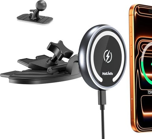 MAGJIEYX für Magsafe Autohalterung mit Ladefunktion, Handyhalterung Auto Ladegerät CD Schlitz 15W Schnellladen mit 3M Dashboard Klebepad Starke Magnetkraft für iPhone 16 15 14 13 12 Auto Zubehör Grau