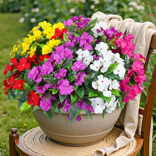 Laelfe Artificial Flowers for Outdoors Faux Silk Impatiens Flowers Bouquet UV Resistant Fake Impatiens Plants for Spring Summer Home Garden Porch Patio Window Box Balcony Decorations (5, Multicolor)