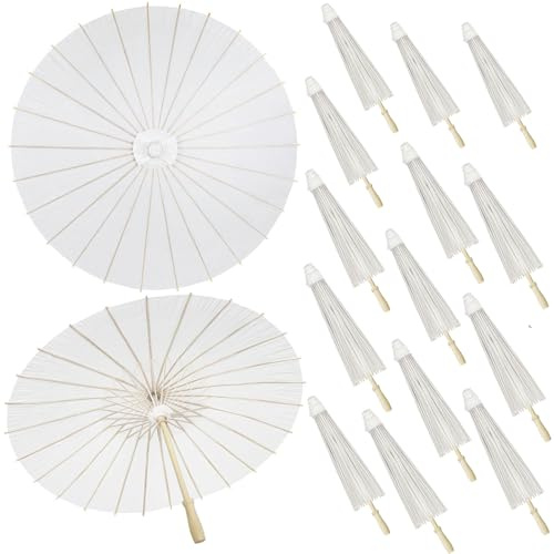 Kvittra 33 Inch White Paper Umbrellas (16 Pack) – Handmade Chinese Japanese Parasols for Wedding Decor, Party Favors, DIY Crafts, Bridal Shower, Photo Props, Asian-Themed Events