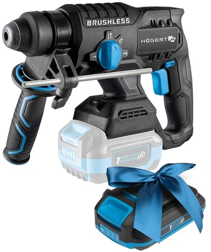 HÖGERT TECHNIK Akku-Kombihammer 18V Bürstenlos, 2,0 J Schlagenergie, SDS+ Bohrfutter, 4600 IPM, Meißelfunktion, LED-Beleuchtung, ohne Akku, Ideal für Beton, Holz, und Metall + PROMO 2,0 Ah Akku