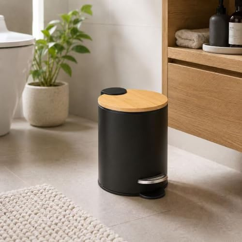 DAMDAM GO Papelera de Baño 3L con Pedal, Tapa de Bambú Natural, Cierre Suave Silencioso, Cubo Interior Extraíble, Acero Antihuellas, Ideal para Baño, Cocina, Dormitorio y Oficina (Negro)