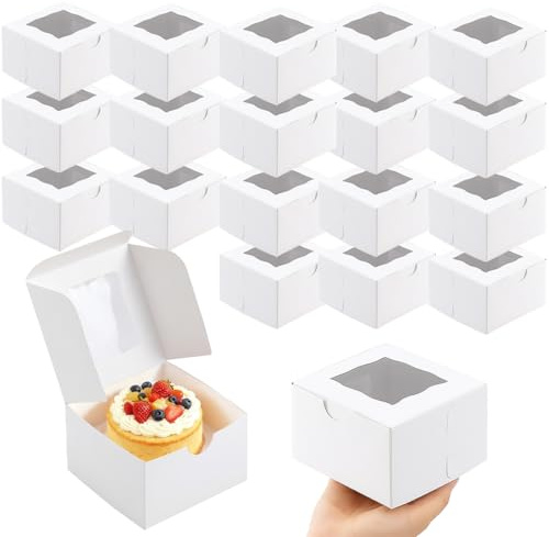 KIERKIER 20 Pack Individual Cupcake Boxes 4 Inch, White Cardboard Cake Boxes with Clear Window, 10×10×6 cm Small Cake Packaging for Single Cakes, Desserts & Wedding Favours