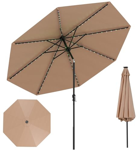 TANGZON Solar Patio Umbrella, 2.9M Lighted Garden Market Parasol with 96 LED Lights, 9 Lighting Modes, Tilt Adjustment, Crank Handle & 8 Ribs, Offset Umbrella Sun Shade Canopy (Coffee)