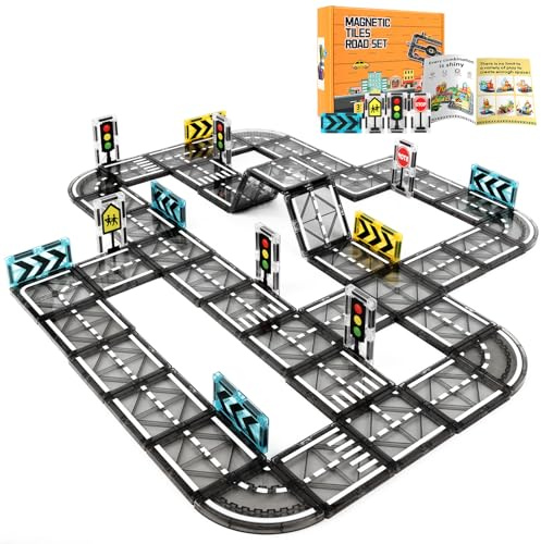 Beeoecm Magnetic Tiles Route, 52 Pièces Bloc Construction Magnetique, Circuit Magnétique Enfant Éducatifs Cadeau pour Fille Garçon 3 4 5 6 Ans