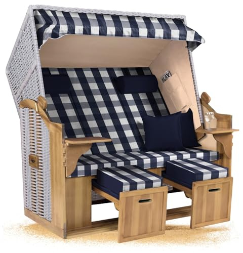 Strandkorb Hanse Ostsee XXL 2,5 Sitzer Volllieger Weiß 150cm breit, ideal für Garten, Terrasse und Balkon (Blau Weiß Kariert, Zerlegt)
