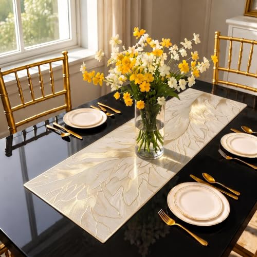 FAVE Goldfarben Tischläufer 90 cm, wasserdicht | Waschbare Tischmatten, hitzebeständige Tischdecke für Hochzeit, Bankett, Geburtstag, Party, Restaurant (Feder, 90 x 30 cm)