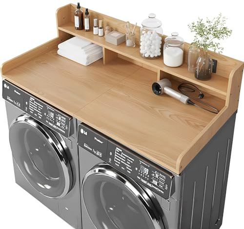 HMAZAE Washer Dryer Countertop with Shelf, 2-Tier Laundry Countertop Over Washer and Dryer, 54 x 27.55 Wooden Table for Folding Clothes for Laundry Room Organization and Storage (Oak)