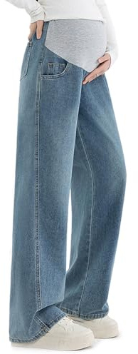 Alled Vaqueros Maternidad sobre el Vientre, Mujeres Premamá Pierna Ancha Pantalones de Cintura Ajustables Elásticos, Jeans de Maternidad Sueltos con Bolsillos