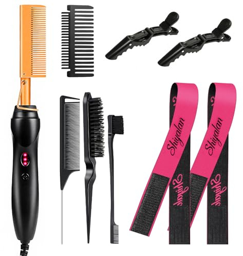 Juego de 8 alisadores de pelo profesionales con peine caliente, kit de peinado eléctrico con 3 cepillos de espalda lisa, clips de salón y banda de encaje para cabello elegante y acabados de salón (8P)