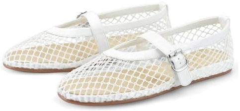 Barley Direct Mesh Ballet Flats for Women Fishnet Ballerina Flats Buckle Strap Mesh Ballet Shoes Wide Width Casual Summer Dress Flat Shoes(White,4K-37)