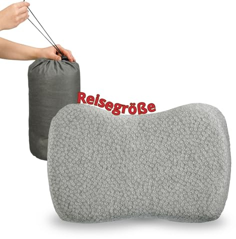 liebling Reisekissen, Campingkissen mit Tasche, Nackenkissen, Kissen für Reisen, Flugzeug, Camping, Auto, Pillow mit Travel Bag, Memory Foam Kopfkissen, Made in EU, Waschbar, Grau