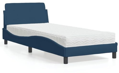QUAHEAS Dover Sängklädselsäng med madrass, blå, 90 x 200 cm, tygöverdrag, vågdesign, furu, komfortskummadrass, H2/H3 hårdhetsgrad, för vilsam sömn