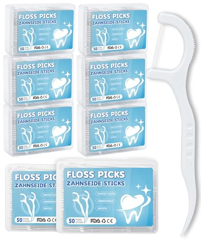 400 Zahnseide Stick Dental Floss Sticks 3in1 Zahnseide mit Zahnstocher Zungenreiniger Dreifach Zahnpflege Interdental Flossers Zahnseidesticks zur Zahnreinigung Zwischenräume - 50x8Box