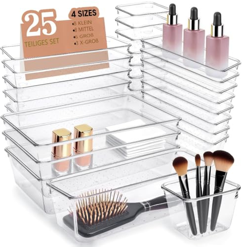 Buanson Schubladen Organizer, 25 Stück in 4 Größen, Kunststoff, Schminktisch und Make-up Organizer, Ordnungssystem (Transparent)