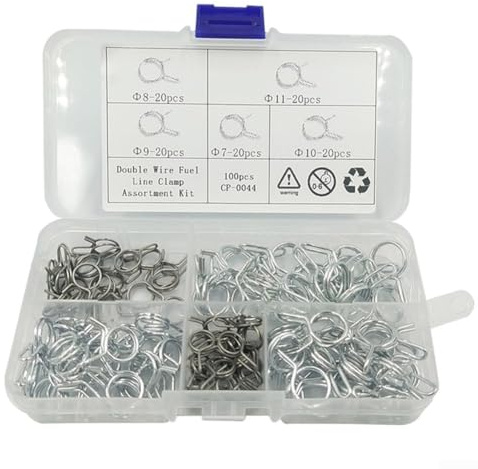 Stainless Steel 304 Double Wire Spring Hose Clamps 100PCS for Vehicle Fuel Line Tubes with Organized Storage Box for Cars Motorcycles Trailers