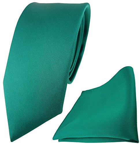 TigerTie schmale Satin Seidenkrawatte + Seideneinstecktuch in grün einfarbig Uni