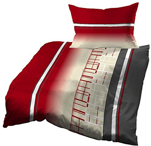 Gerald Wittmann Parure de Lit avec Housse de Couette en Piqué, 100% Coton, pour Lit 1 Personne, Rayures avec Carreaux, Rouge Beige/Crème Gris Blanc, 140x200 cm + 70x90 cm