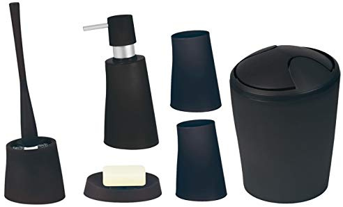 Spirella Badezimmer Set, 6-teiliges Badzubehör Move Seifenspender, WC Bürste, Seifenschale, Kosmetikeimer und Zahnputzbecher Schwarz