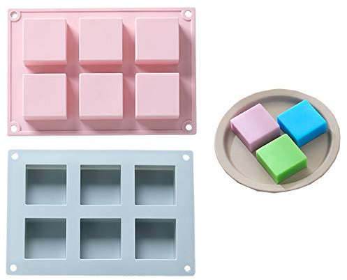2 Piezas Molde de Silicona para Jabón de 6 Cavidades, Moldes de Jabón de Silicona Cuadrados, Moldes Silicona para Hacer Jabón, Chocolate, Galletas, Pasteles, Gelatina y Mousse(Rosado, Azul)