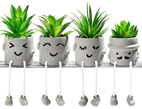 INFTYLE FZDR-1 - Piante grasse artificiali creative con vasi, 4 pezzi, mini piante finte in cemento finto in vaso, per casa, scrivania, mensola, cucina, bagno e ufficio, decorazione regalo (4 pezzi)