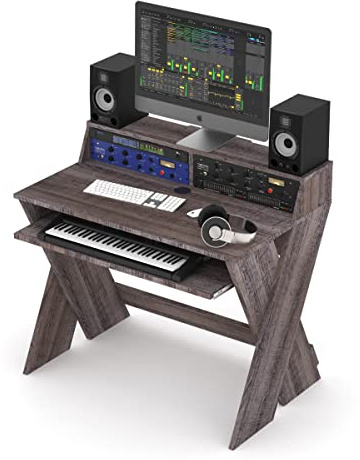 Glorious Sound Desk Compact Walnut – kompakt arbetsstation i smart design med stor arbetsyta, utdragbart tangentbordsfack, 2 x 3HE-ställ och kabelkanal inuti